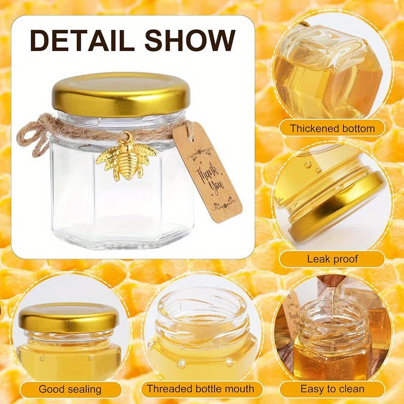 60 Pack Mini Hexagon Glass Honey Jars with Wooden Dippers-