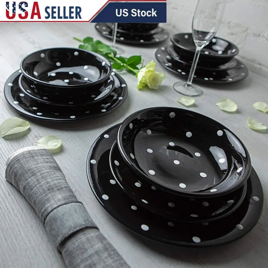 Handmade 12 Piece Black White Polka Dot Dinnerware Set