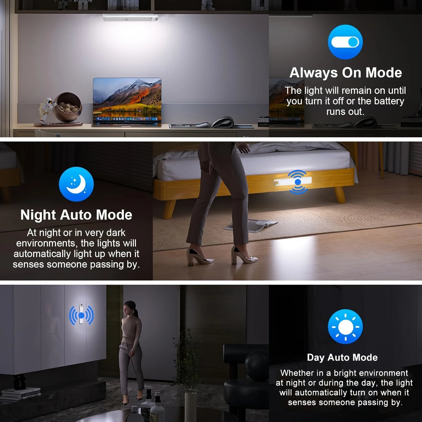 4 Pack 56 LED, 3 Color 8.58 In, Wireless USB Rechargeable Magnetic Closet Lights, Under Cabinet Lightingfor Kitchen,  Stairs