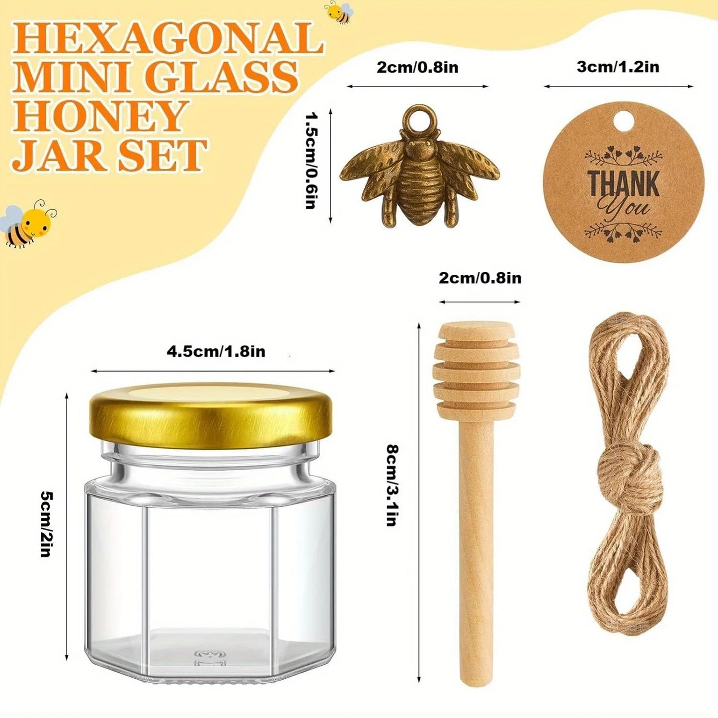 60 Pack Mini Hexagon Glass Honey Jars with Wooden Dippers-