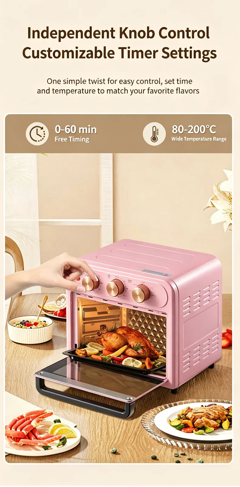 15L Visible Air Fryer Oven Retro Pink