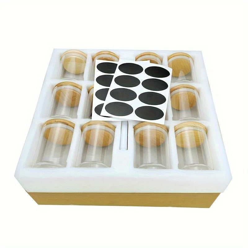 Bamboo Lid Glass Spice Jar Set Of 12,