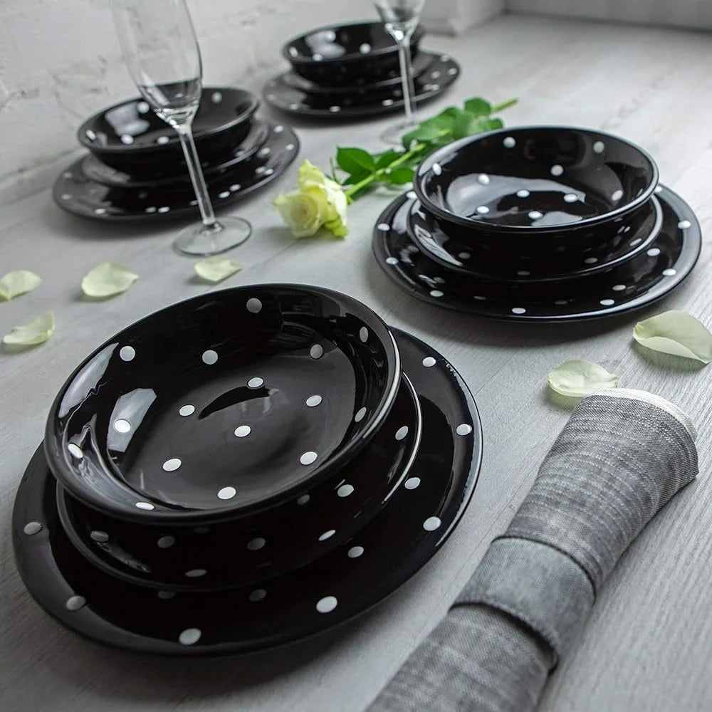 Handmade 12 Piece Black White Polka Dot Dinnerware Set
