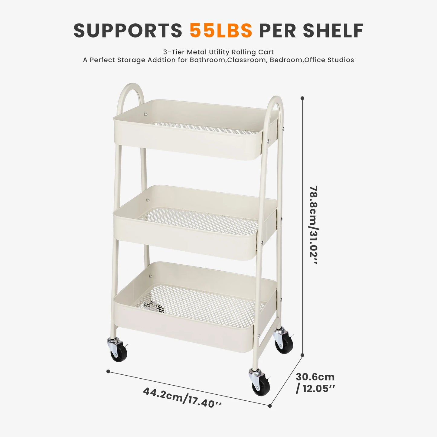 JHK 3 Tier Metal Storage Kitchen Cart with Lockable Wheels