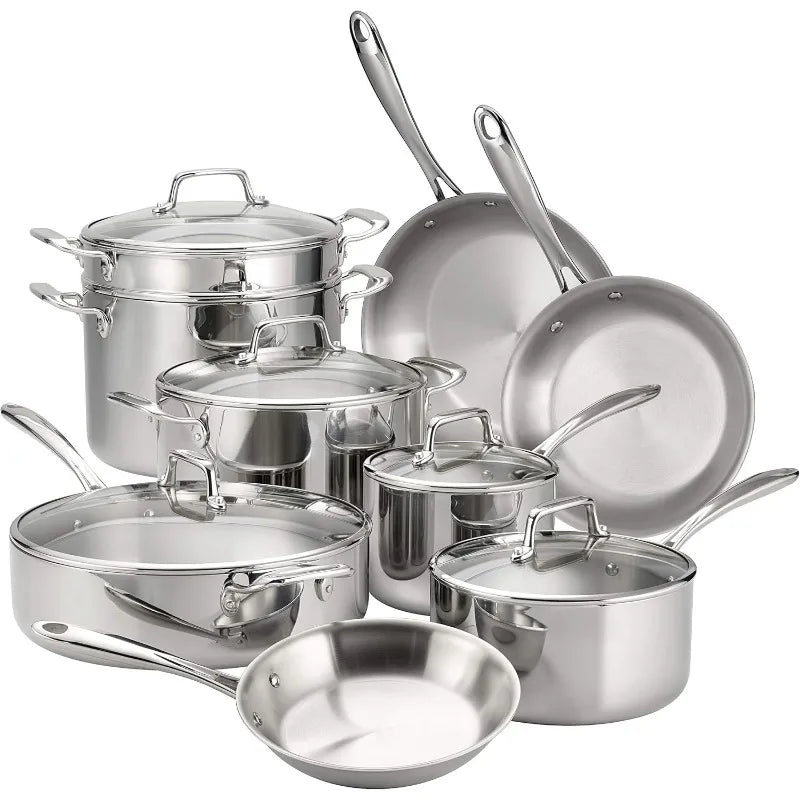 Tramontina Tri-Ply Clad Stainless Steel 14-Piece Cookware Set with Glass Lids,