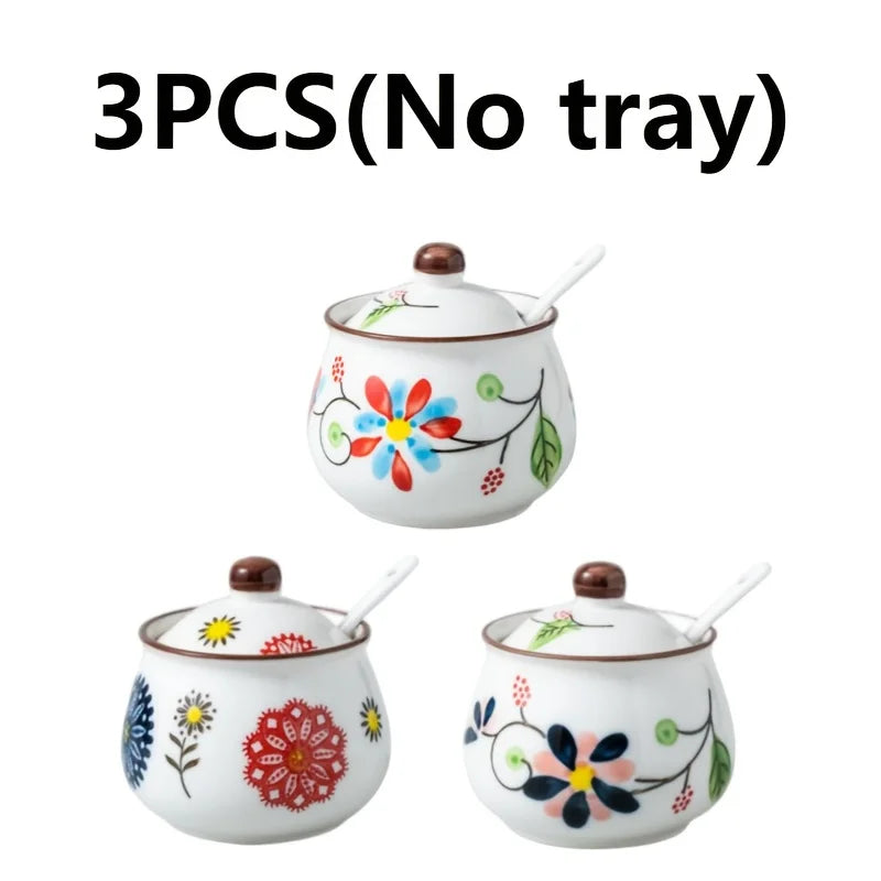 3pcs Hand-Painted Ceramic Salt & Sugar Jars Suitable Storage,