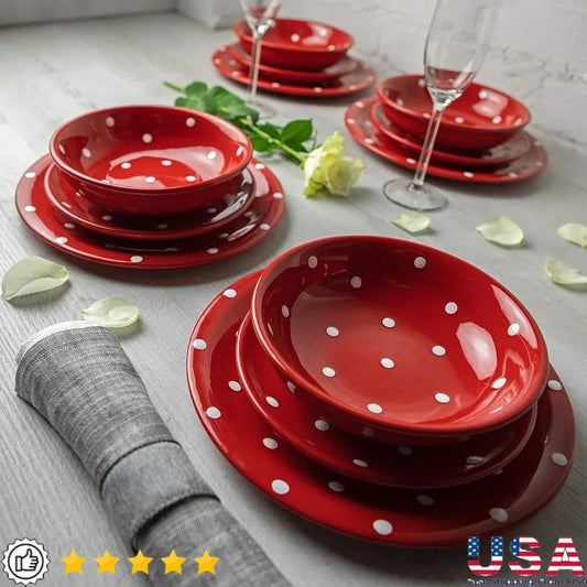 Handmade Red White Polka Dot 12PCS Dinnerware Set