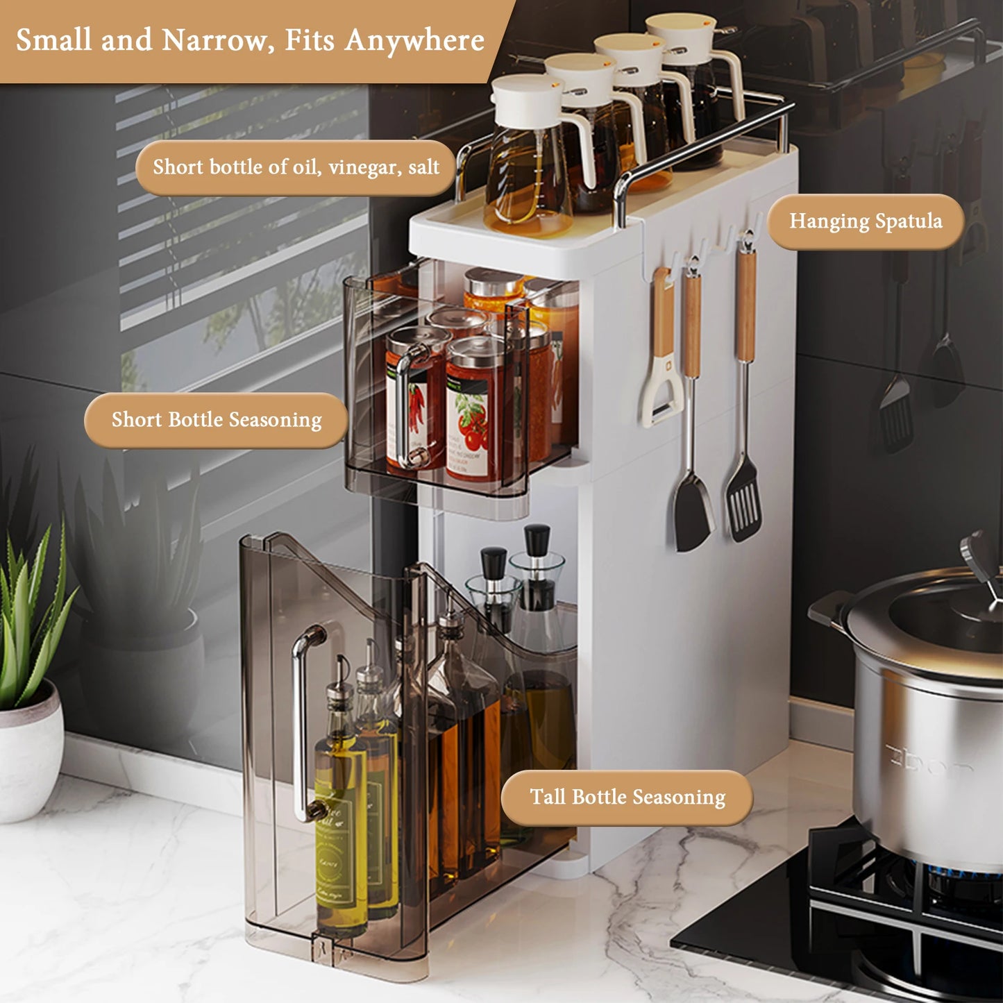 2/3 Layer Storage Shelf Kitchen Utensil Rack Pull-Out Kitchen Spice Rack Narrow Countertop Organizer Spice Sauce Storage Shelf