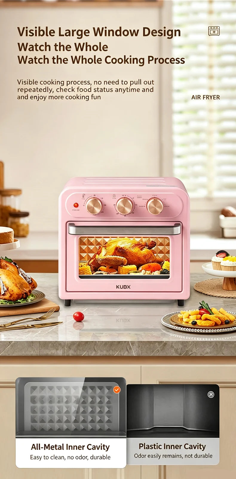 15L Visible Air Fryer Oven Retro Pink