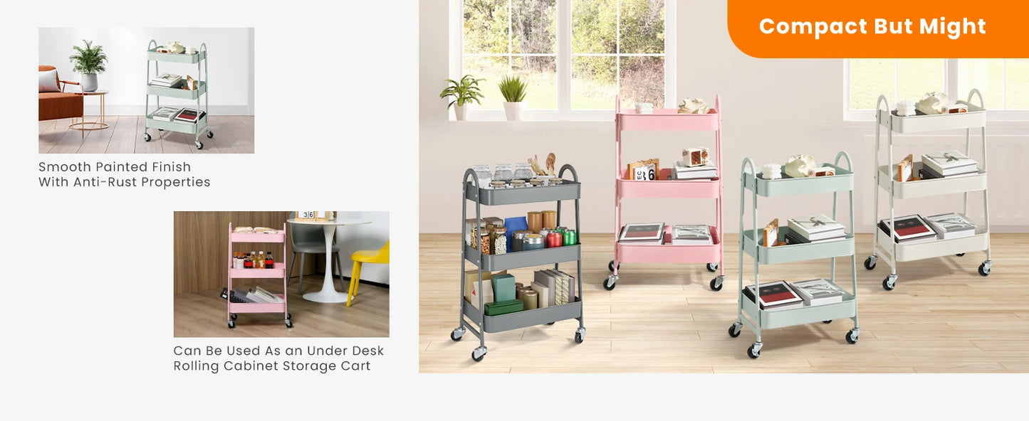 JHK 3 Tier Metal Storage Kitchen Cart with Lockable Wheels