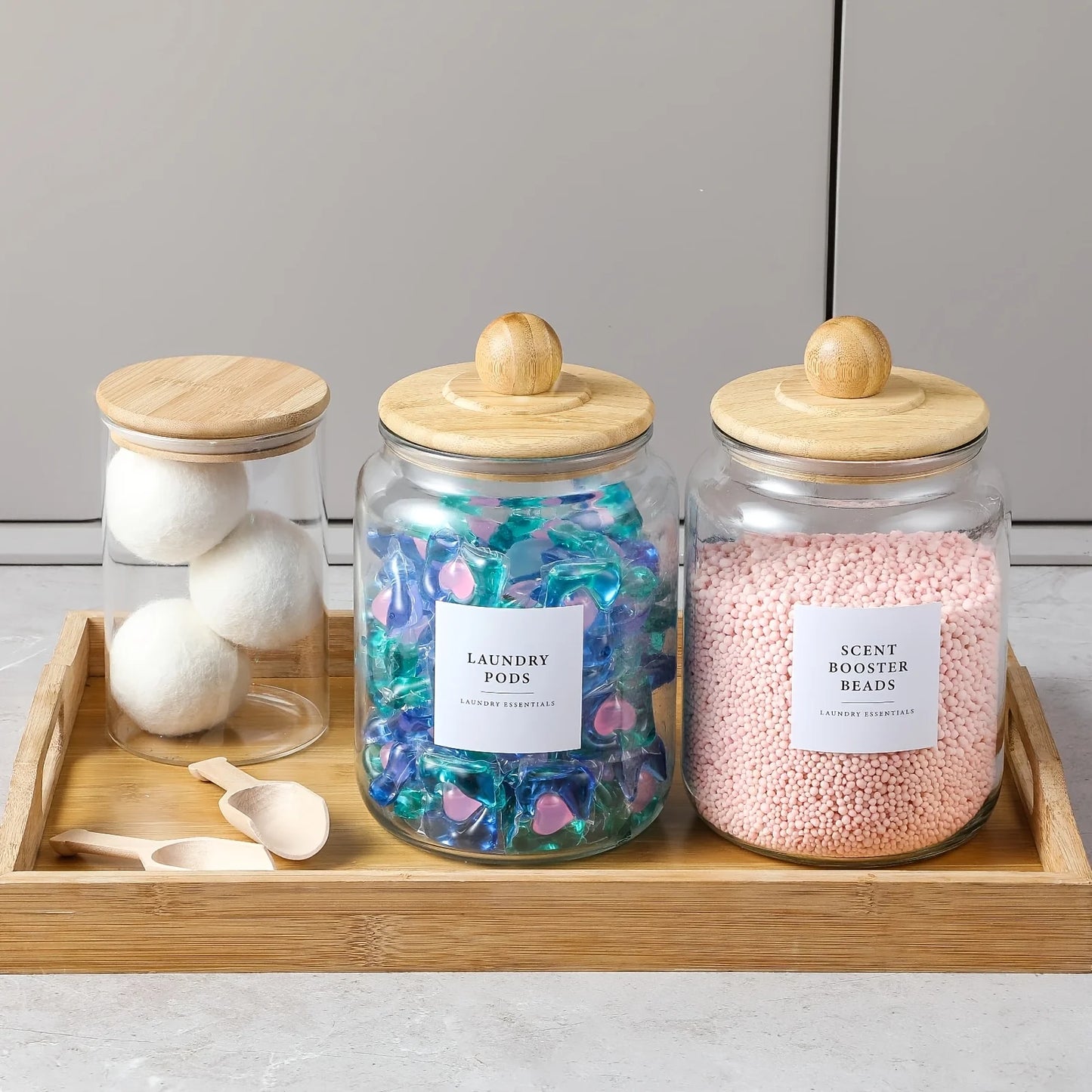 4pcs Glass Jars with Bamboo Lids & Labels - Airtight Flip-Top Half Gallon (64oz) Glass Containers for Laundry Detergent, Pods, S