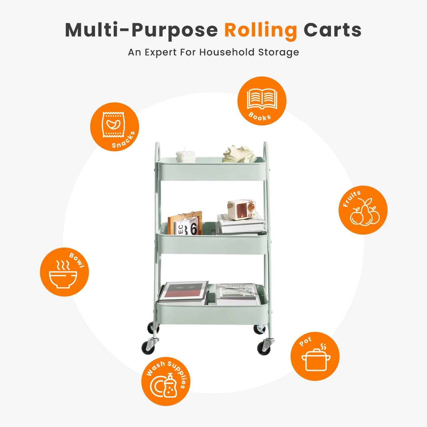 JHK 3 Tier Metal Storage Kitchen Cart with Lockable Wheels