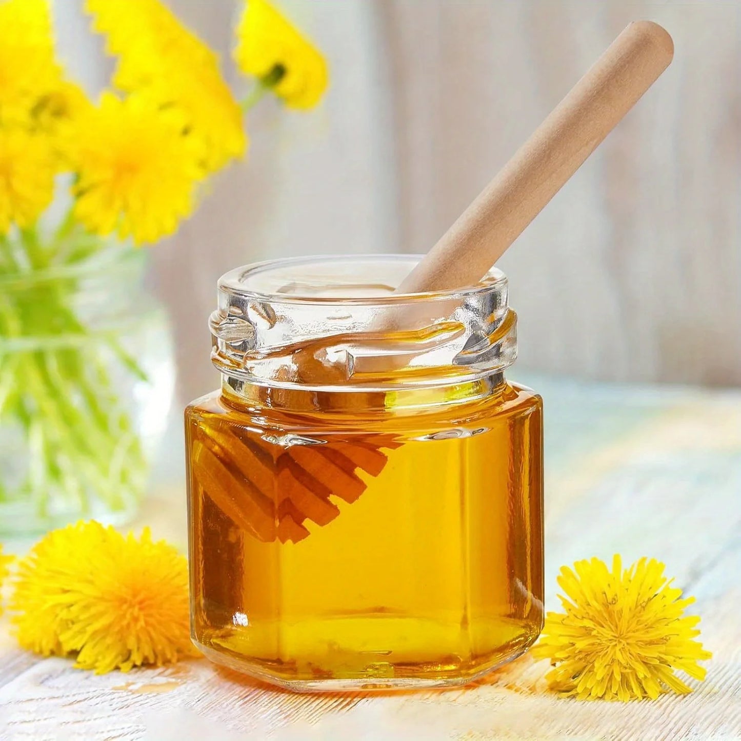 60 Pack Mini Hexagon Glass Honey Jars with Wooden Dippers-