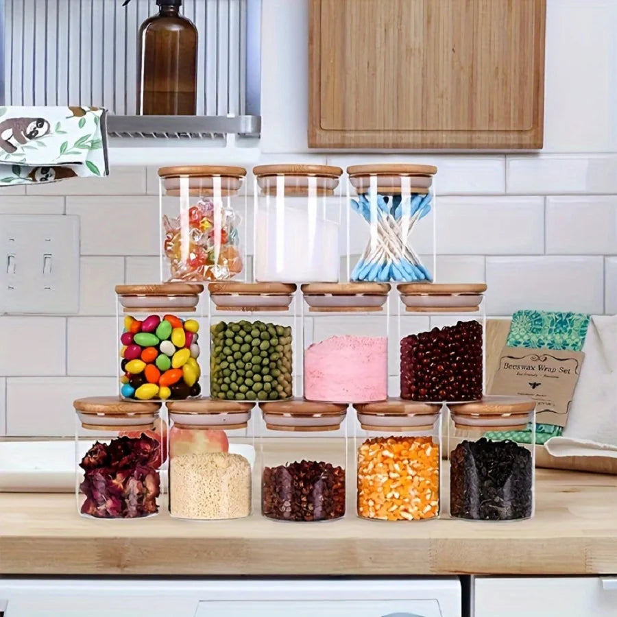 Bamboo Lid Glass Spice Jar Set Of 12,