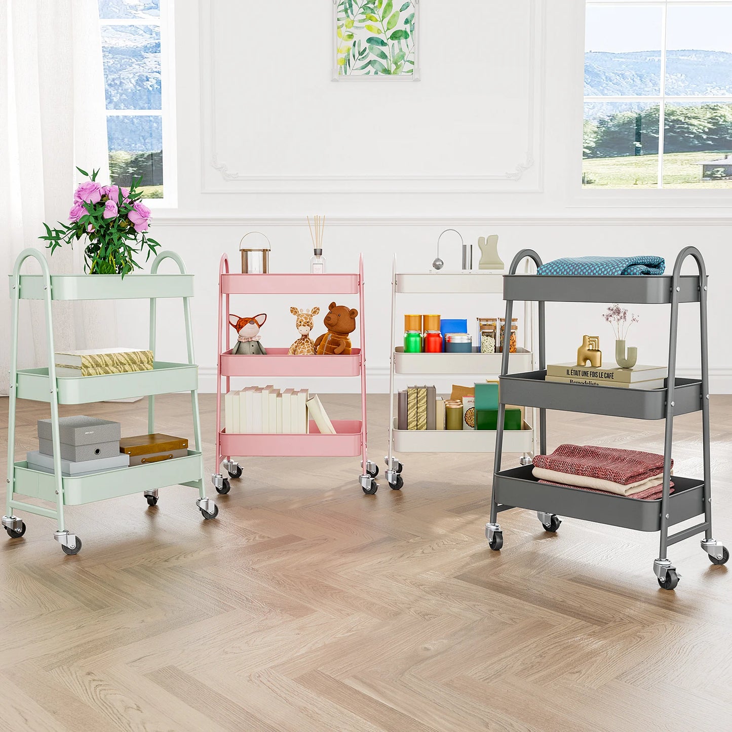 JHK 3 Tier Metal Storage Kitchen Cart with Lockable Wheels