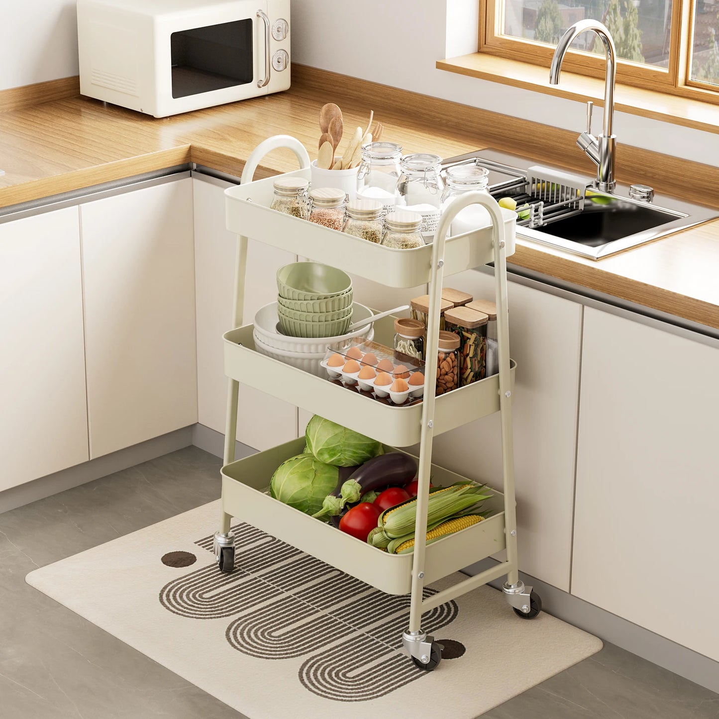 JHK 3 Tier Metal Storage Kitchen Cart with Lockable Wheels