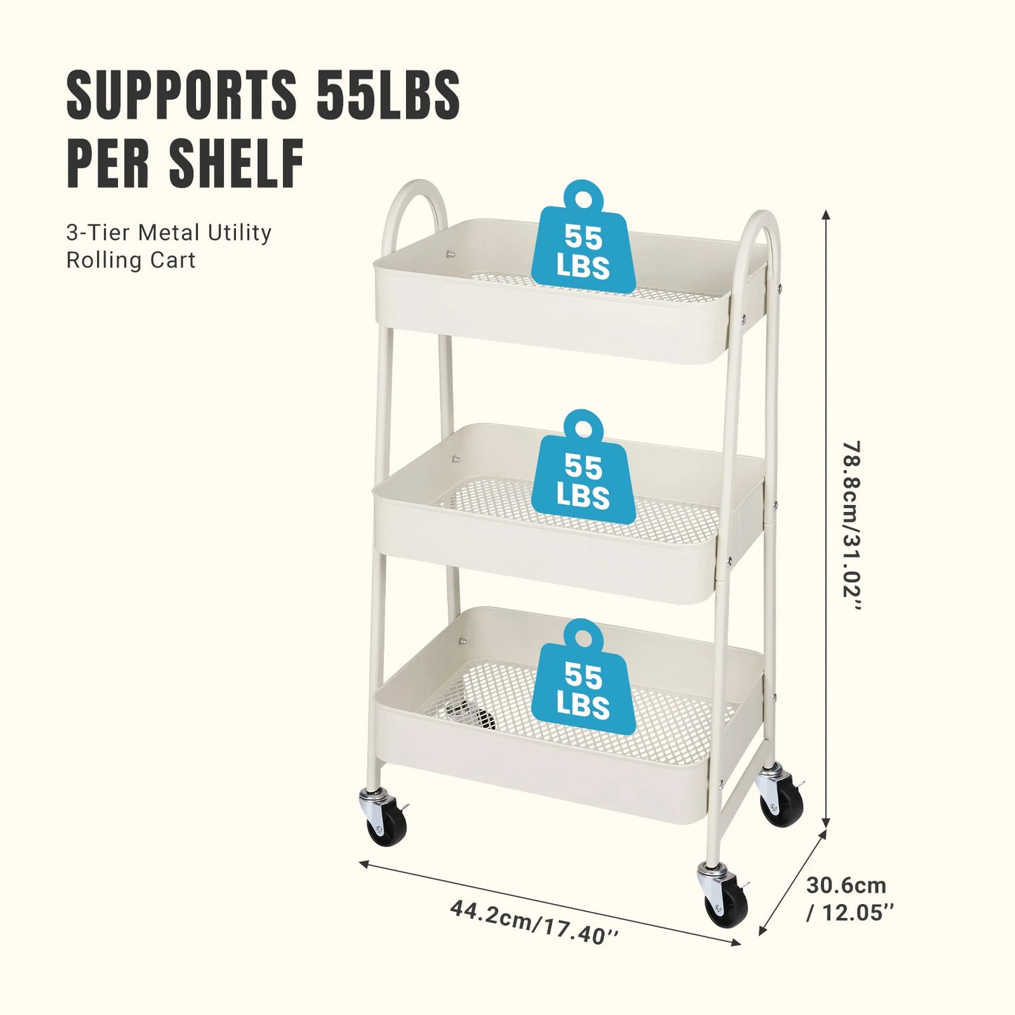 JHK 3 Tier Metal Storage Kitchen Cart with Lockable Wheels