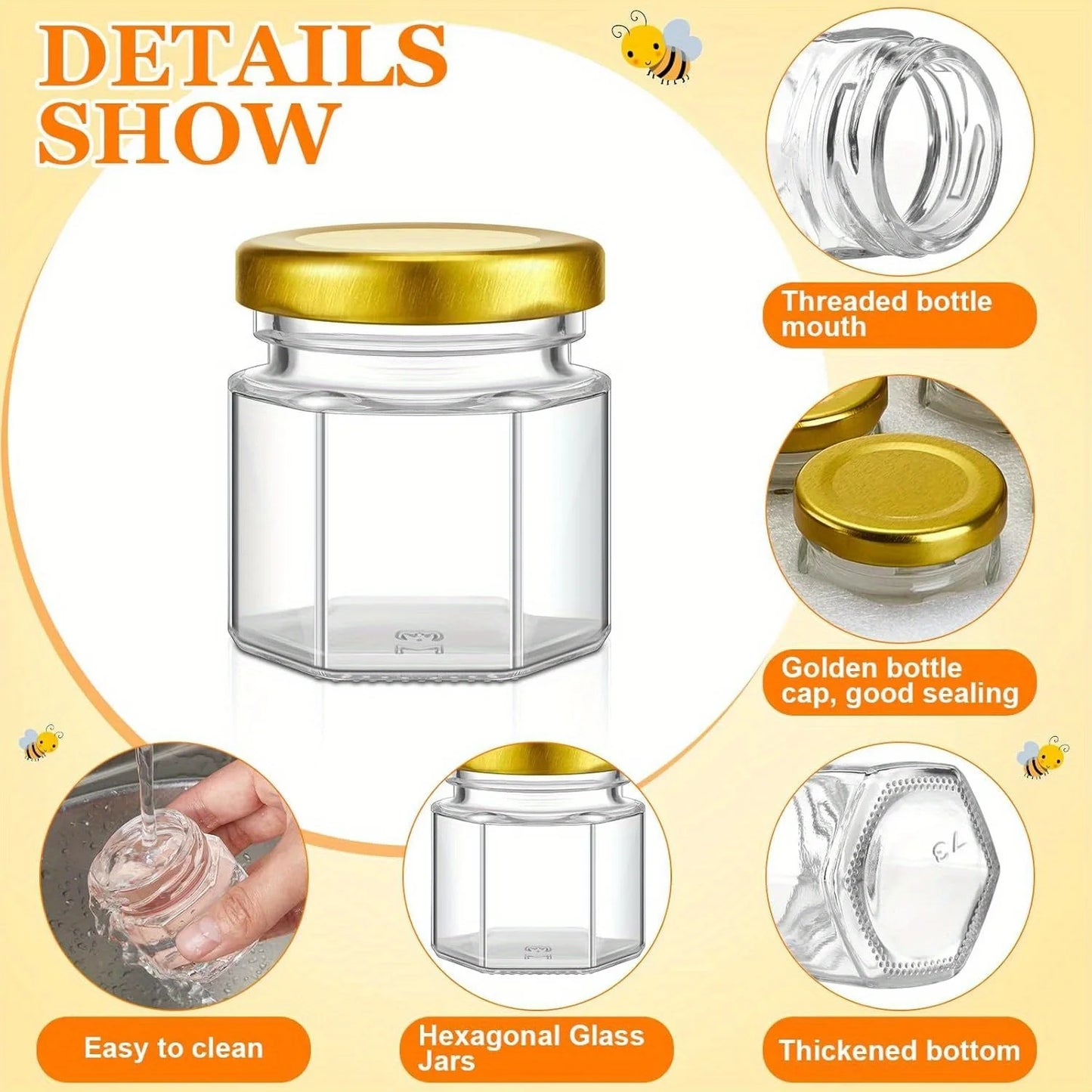 60 Pack Mini Hexagon Glass Honey Jars with Wooden Dippers-