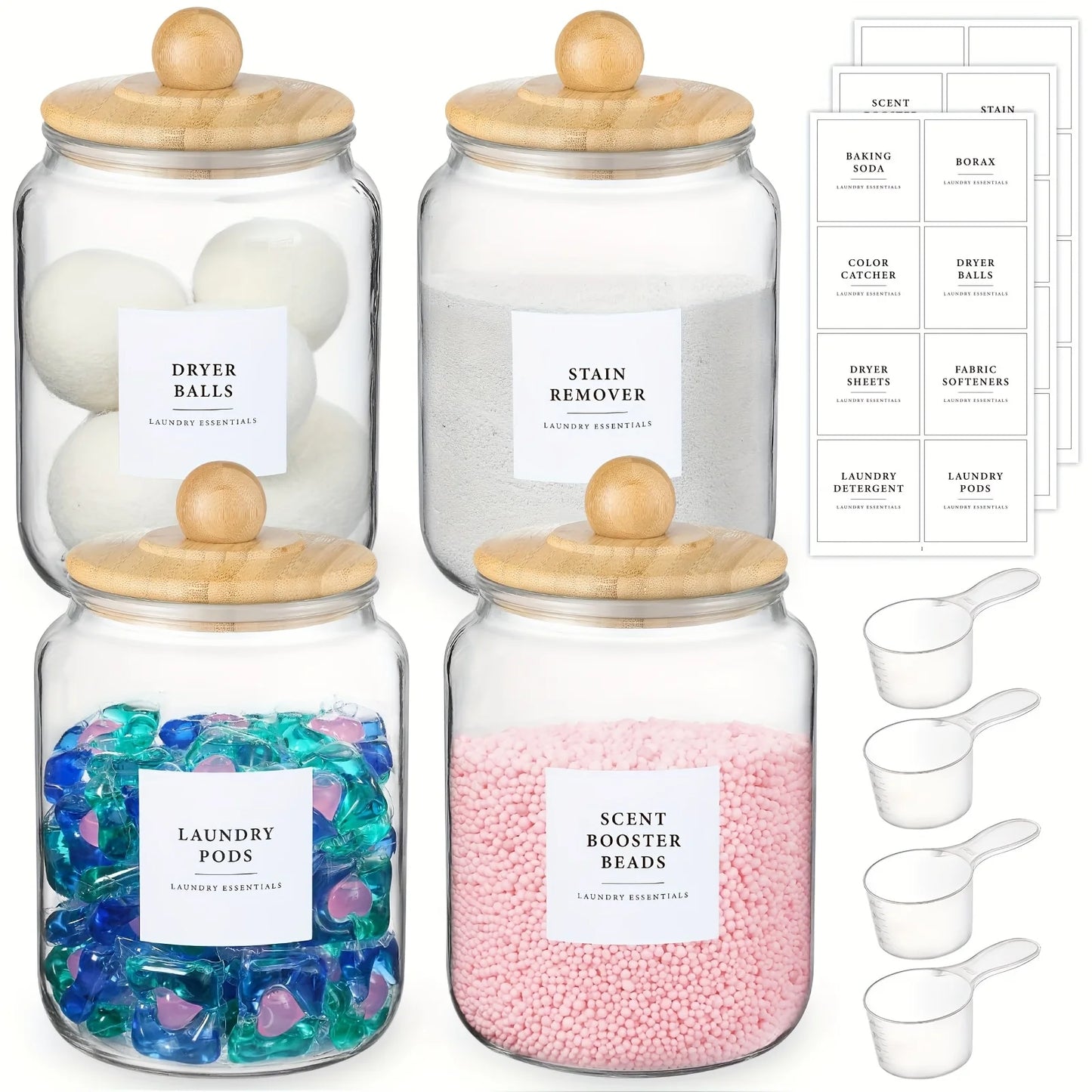 4pcs Glass Jars with Bamboo Lids & Labels - Airtight Flip-Top Half Gallon (64oz) Glass Containers for Laundry Detergent, Pods, S