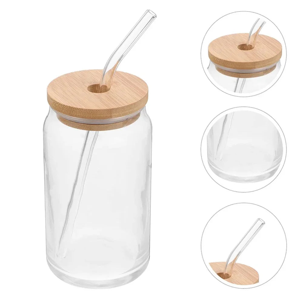 1pc Glass Cups with Bamboo Lids and Straw