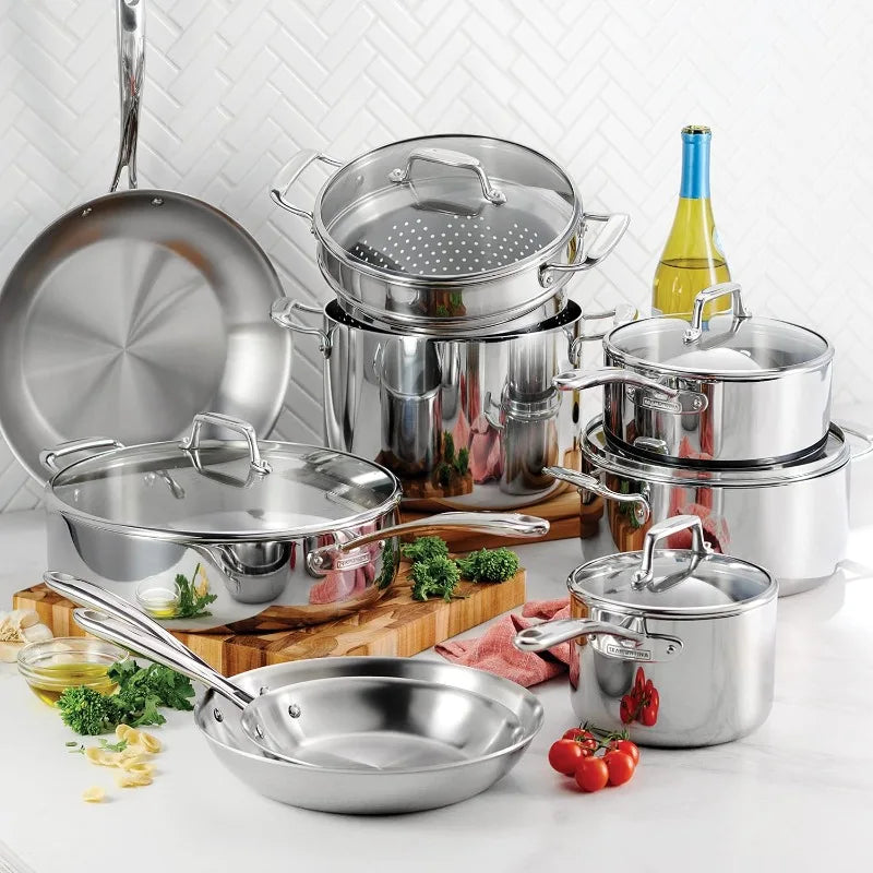Tramontina Tri-Ply Clad Stainless Steel 14-Piece Cookware Set with Glass Lids,