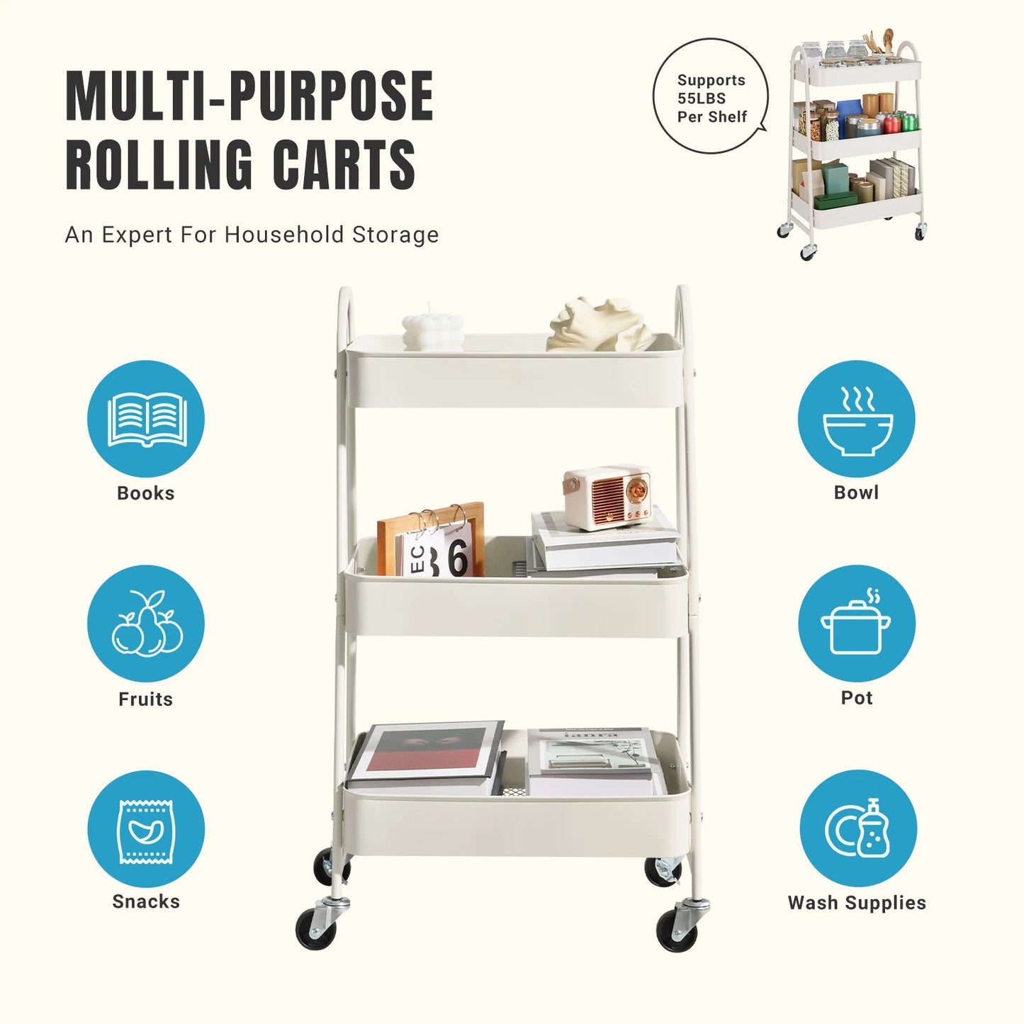 JHK 3 Tier Metal Storage Kitchen Cart with Lockable Wheels