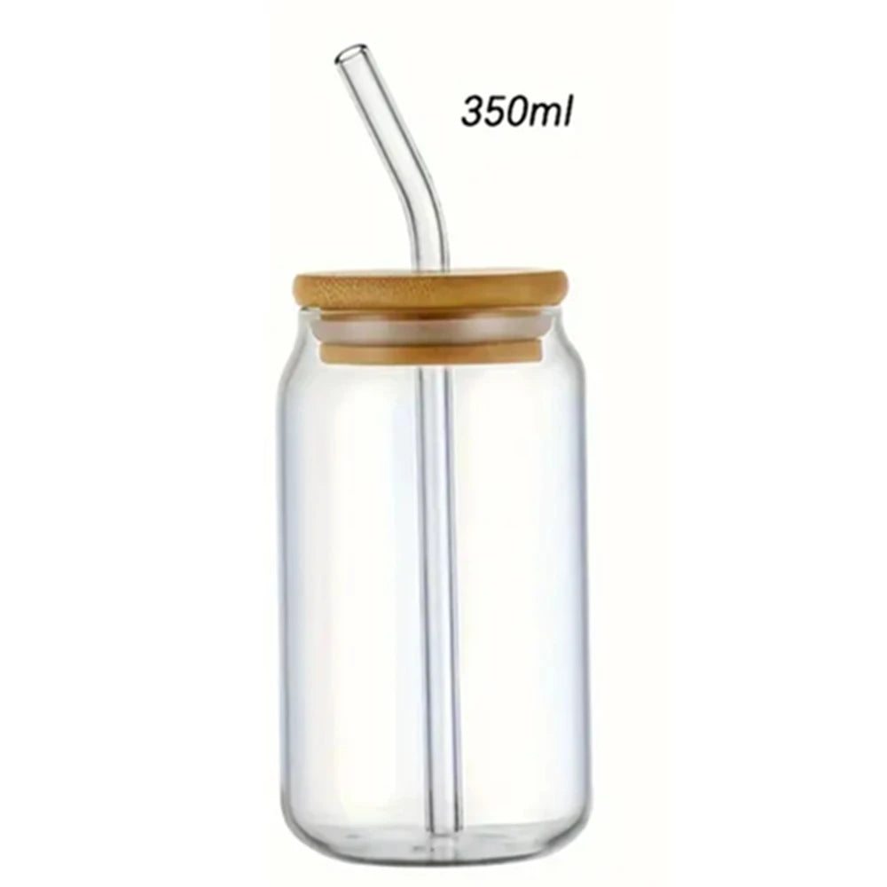 1pc Glass Cups with Bamboo Lids and Straw