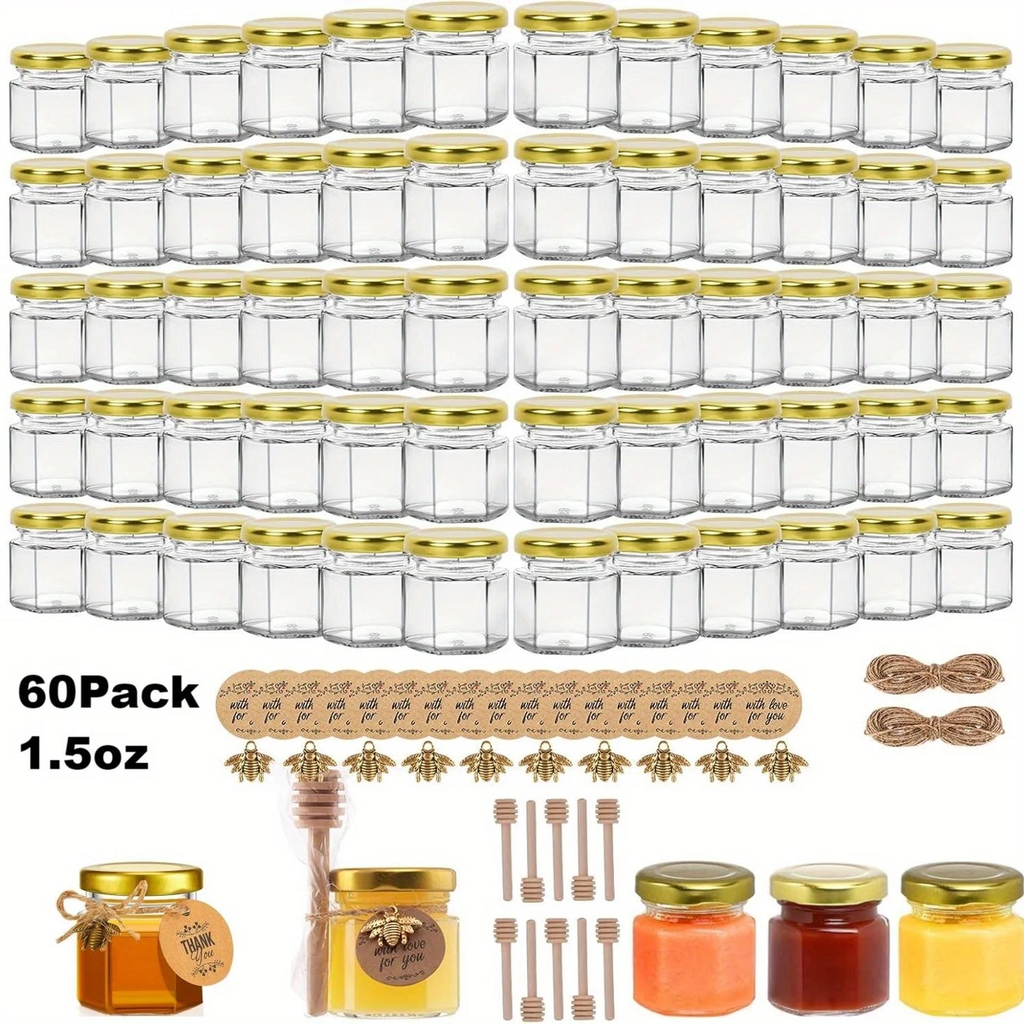 60 Pack Mini Hexagon Glass Honey Jars with Wooden Dippers-