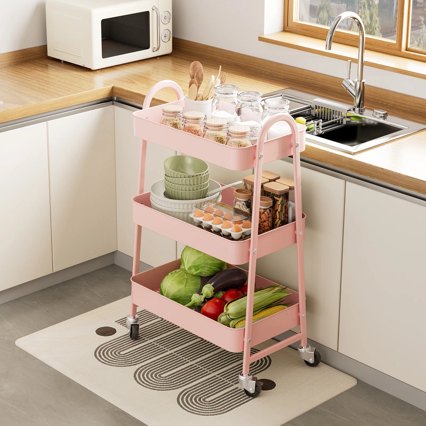 JHK 3 Tier Metal Storage Kitchen Cart with Lockable Wheels