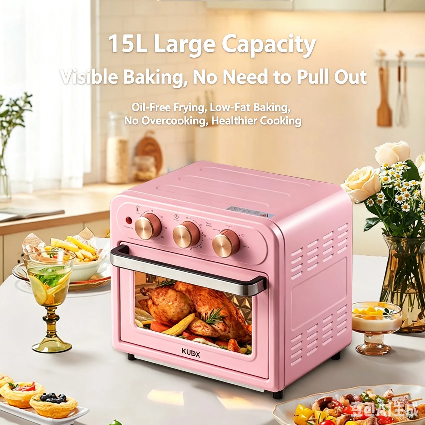 15L Visible Air Fryer Oven Retro Pink