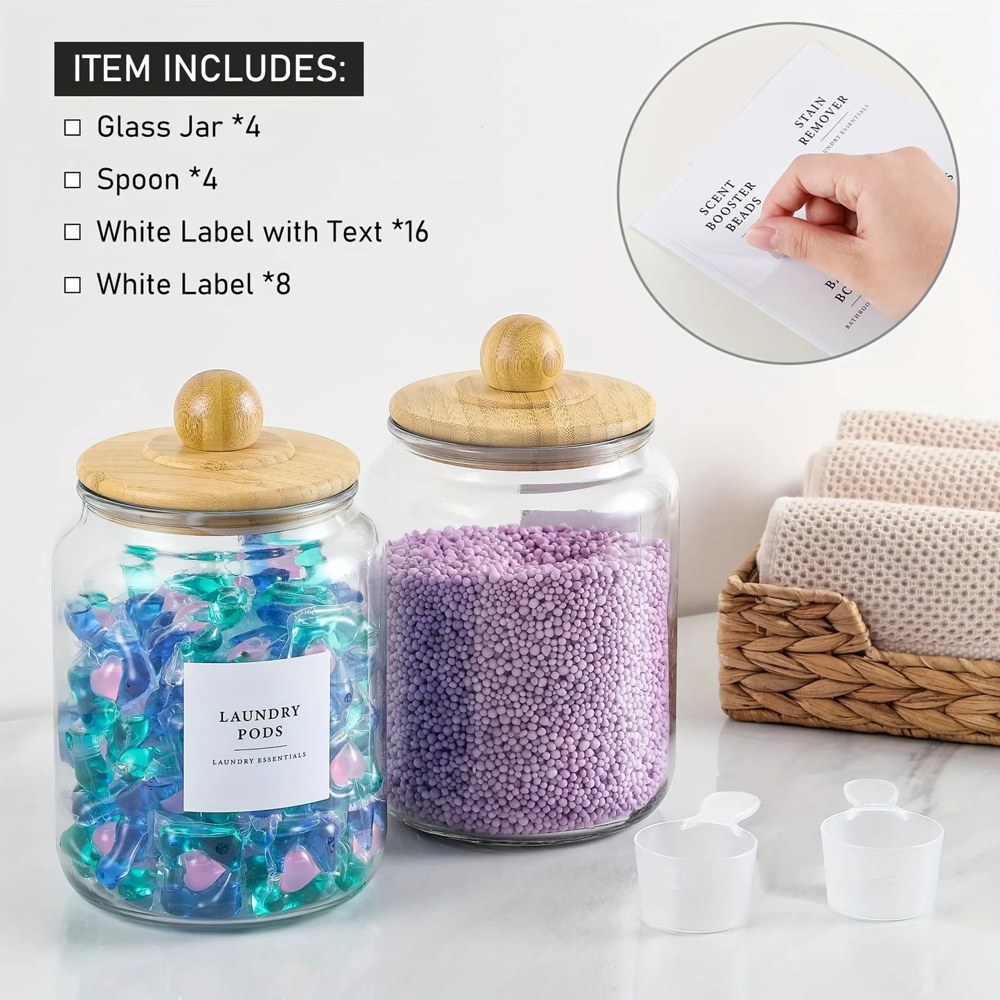 4pcs Glass Jars with Bamboo Lids & Labels - Airtight Flip-Top Half Gallon (64oz) Glass Containers for Laundry Detergent, Pods, S