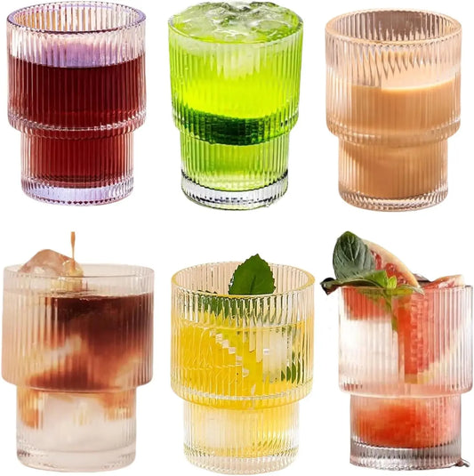 6pcs, 200ml/6.8oz Stackable Ribbed Glass Cups