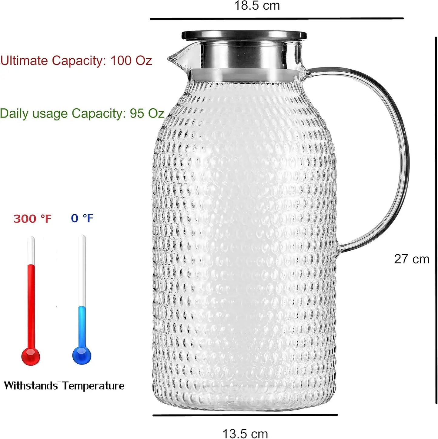100oz Heat-Resistant Borosilicate Glass Pitcher with Lid, Easy Clean, for Hot/Cold Drinks
