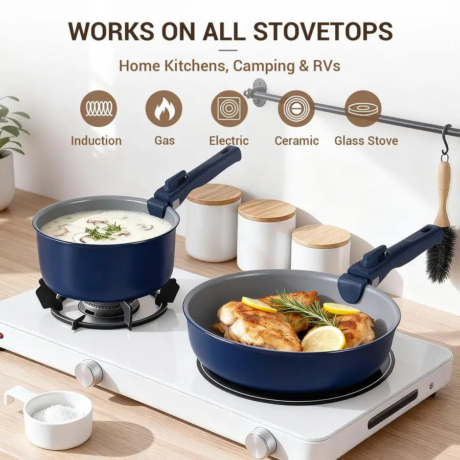 18Piece Ceramic Pots and Pans Set Non Stick, Non Toxic Cookware Set with Removable Handles, Pot Sets for Cooking, Induction Read