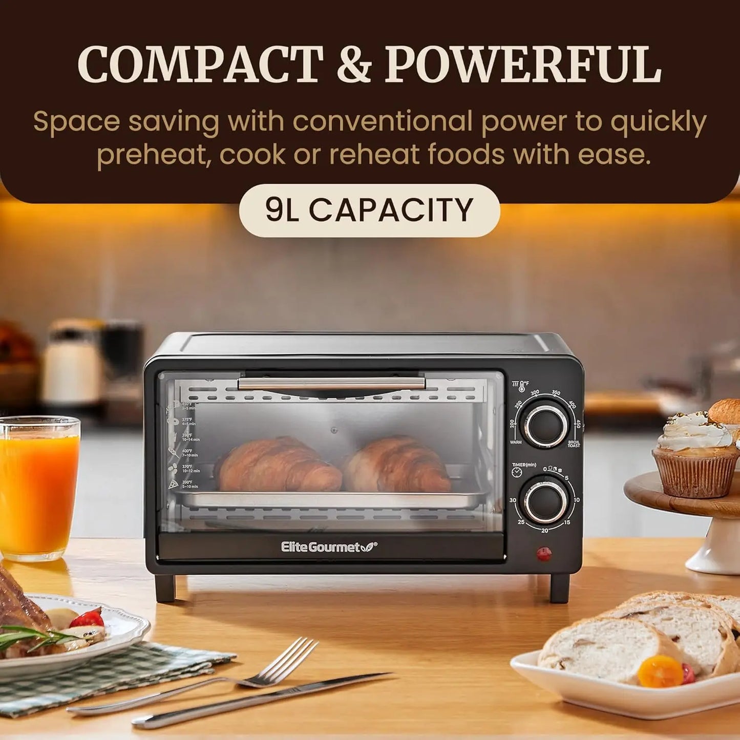 9L 4-Slice Toaster Oven with Timer, Temp Control, Baking Pan & Rack for Baking