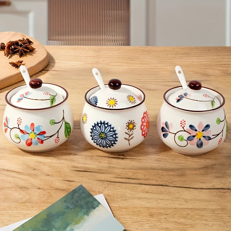 3pcs Hand-Painted Ceramic Salt & Sugar Jars Suitable Storage,