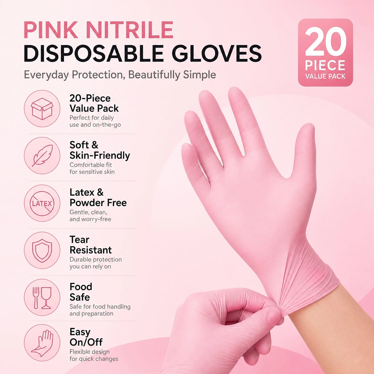 Simple Pink Nitrile Gloves 100Pcs,
