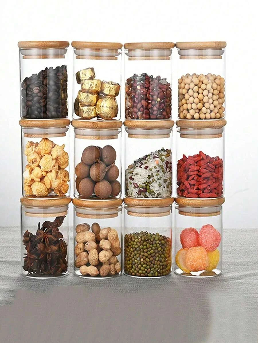 Bamboo Lid Glass Spice Jar Set Of 12,