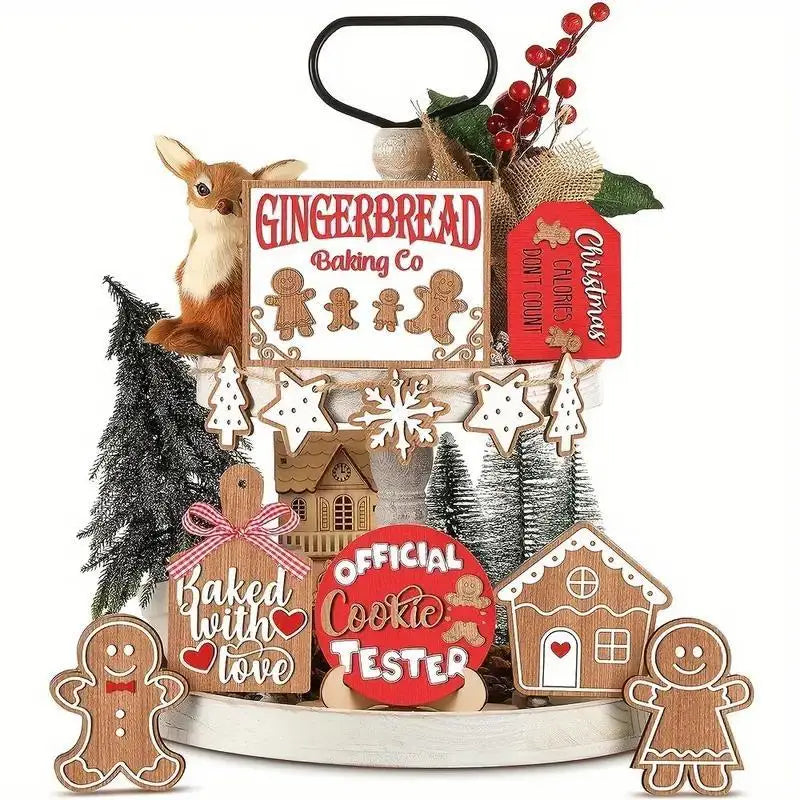 12-Piece Wooden Christmas Tiered Tray Set
