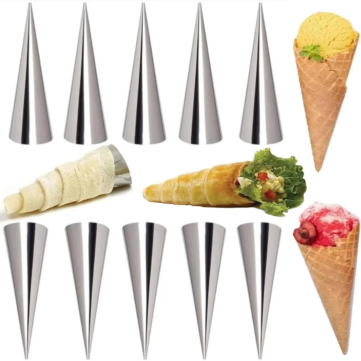 12 stainless steel cream cone molds - heavy-duty 201 baking cones suitable for ice cream