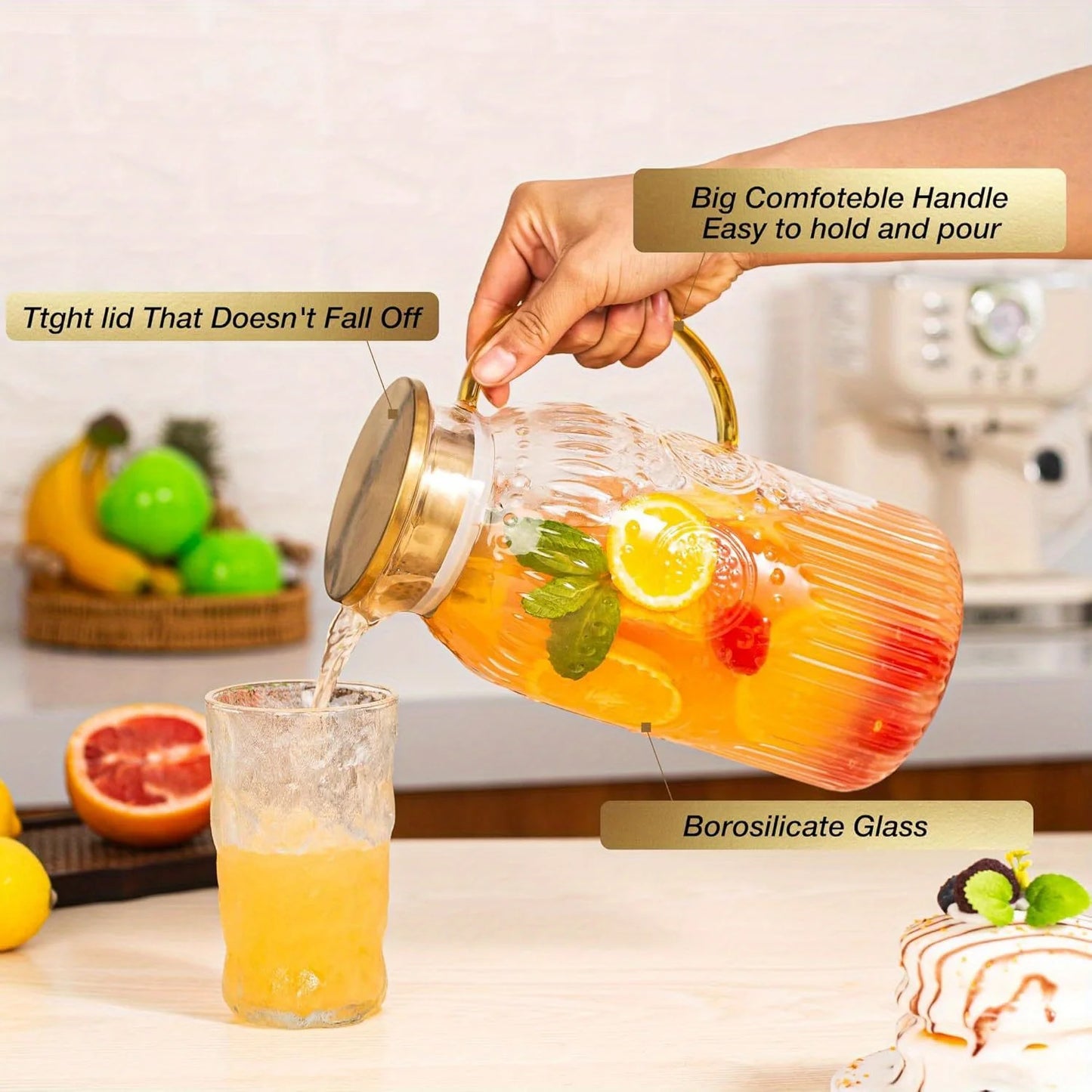 Amzcku 68oz/2 Liter Glass Pitcher with Lid - Vintage Water Jug,