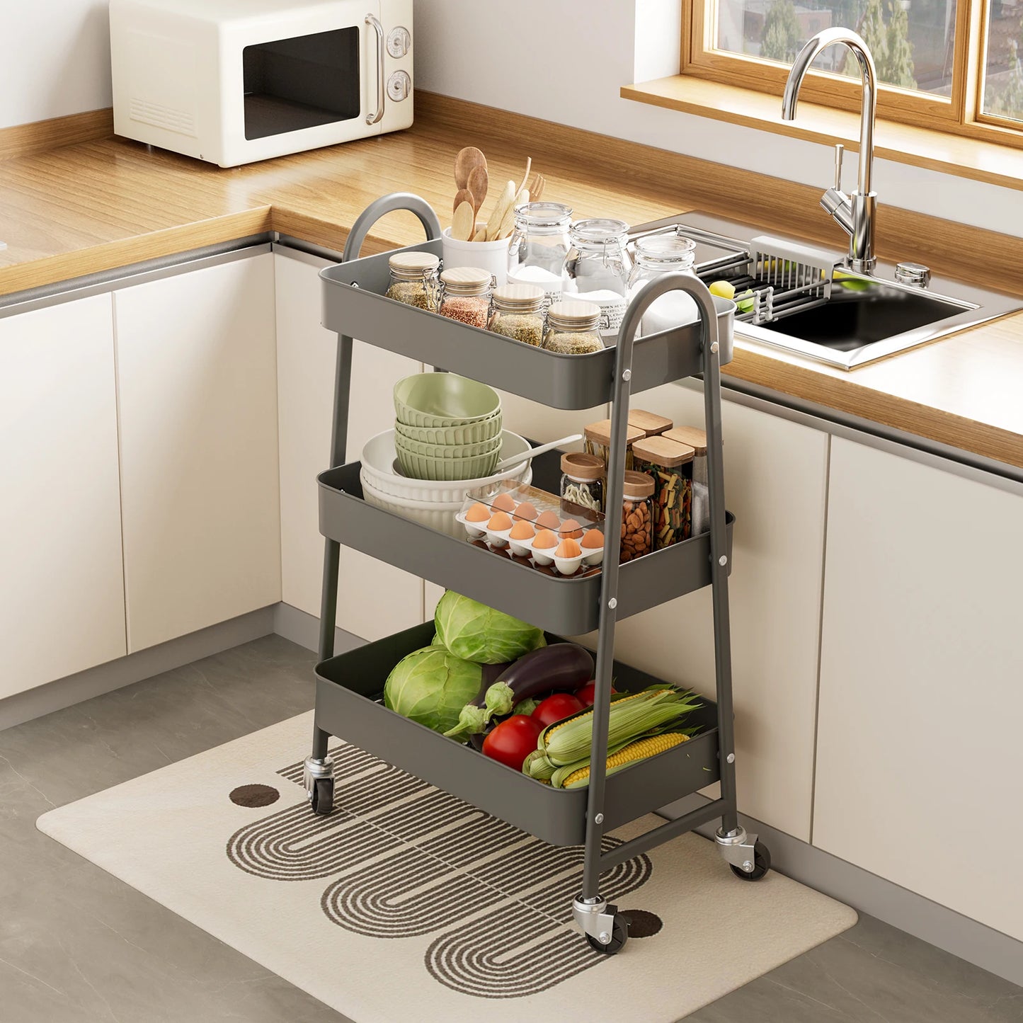 JHK 3 Tier Metal Storage Kitchen Cart with Lockable Wheels