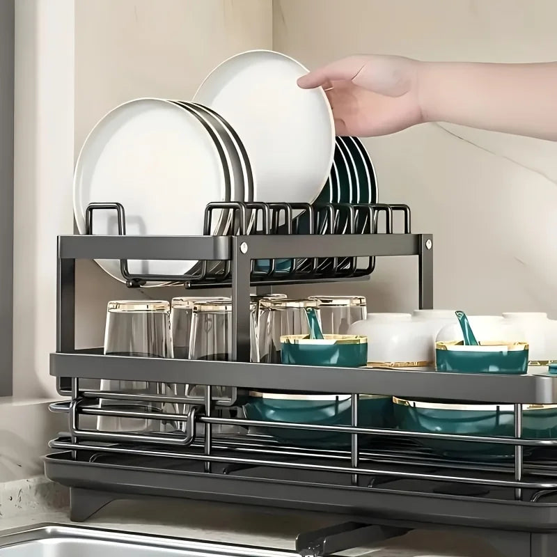 Double-tier extendable dish drainer